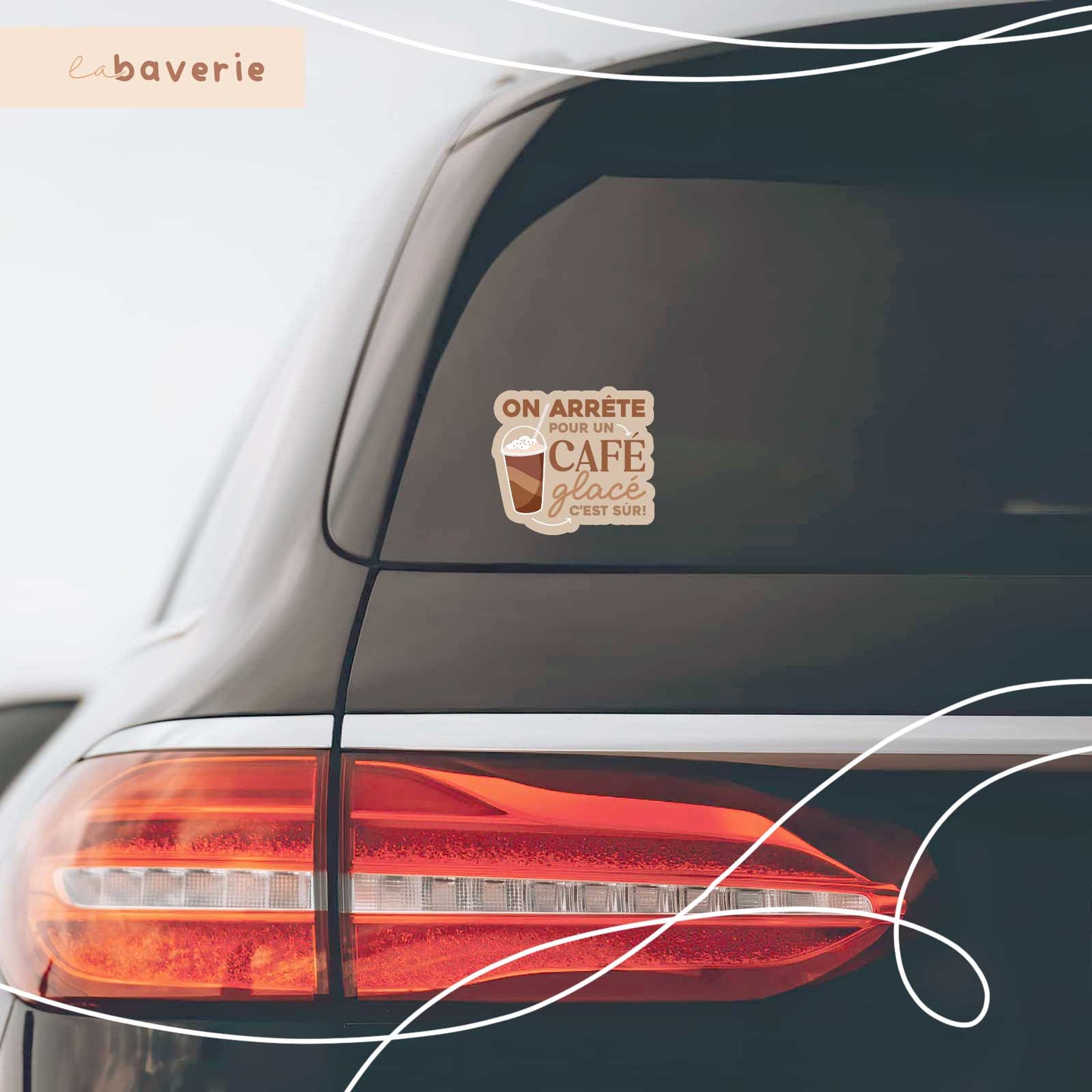 Autocollant voiture « On arrête pour un café glacé »